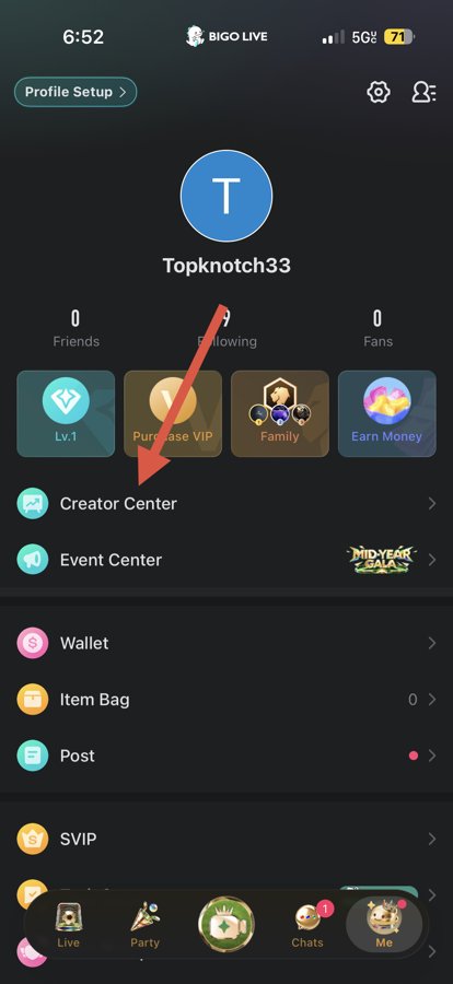 BIGO Live app: open Me and Creator Center
